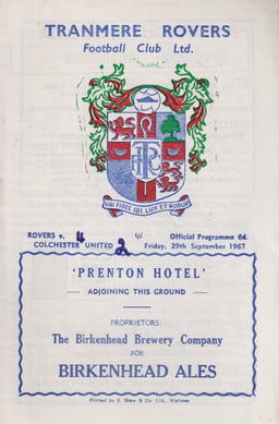 Tranmere Rovers v Colchester United Match Programme 1967-09-29